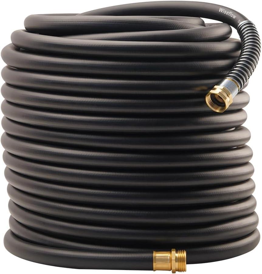 Wiseflow Garden Hose 150FT x 5/8", Heavy Duty Rubber Hose, Water Hose with Five Layered Braiding, Male Female Fittings, 1000PSI Burst, 300PSI Working for Yard, Car Wash, Pets (Black)