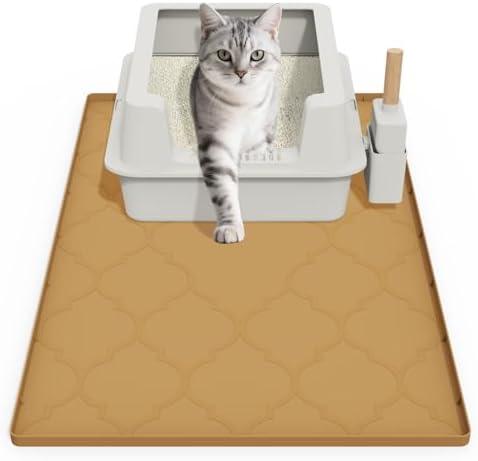 Cat Mat for Litter Box, 34" X 22" Large Silicone Cat Litter Trapping Mat, Easy Clean for Scatter Control, Soft on Kitty Paws, Waterproof, Urine-Proof, Non-Slip Kitty Litter Mat for Floor, Brown
