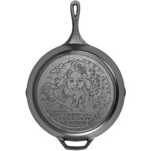 Lodge 13.25 Inch Dolly Parton Pre-Seasoned Cast Iron Stamped Skillet - Signature Teardrop Handle - Use in the Oven, on the Stove, on the Grill, or Over a Campfire - Clear Blue Morning