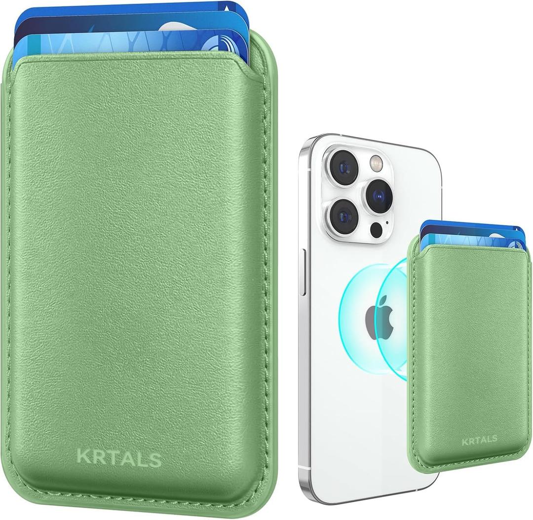 Magnetic Wallet Cell Phone Card Holder for Phone Case with Mag-Safe, Stronger Magnetic RFID Leather Phone Wallet Stick on Series of iPhone 17/16/15/14/13/12 and Pro/Promax,Light Green