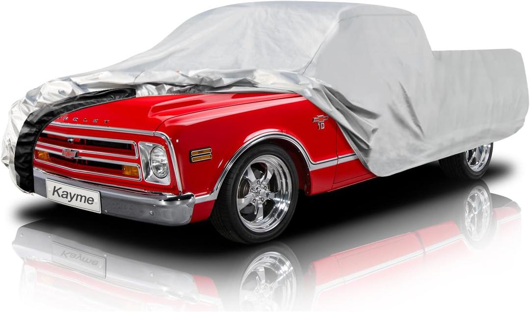 Kayme 6 Layers Truck Cover Waterproof All Weather, Heavy Duty Outdoor Pickup Cover Sun Uv Rain Protection, Universal Fit Most Regular Cab Short Bed Chevy C10 S10 Ford F100 etc. Length Up to 206 inch.