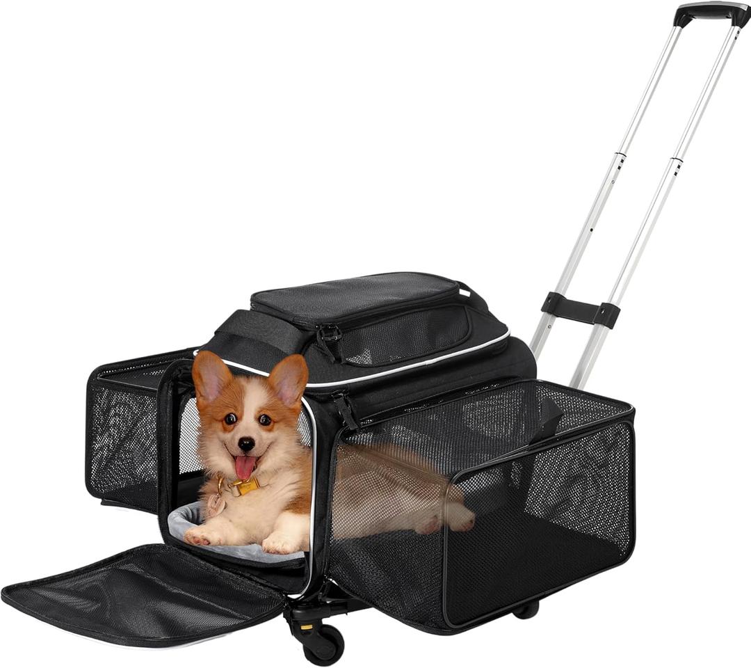 Airline Approved Top-Expanding Pet Carrier on Wheels- Extra Spacious Soft Lined Carrier! 18x11x11 (Black, Expanding Sides)