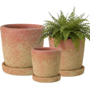 Yungyan Set of 3 Rustic Terracotta Planter Pot and Saucer 5/6/7 Inch Aged Farmhouse Style Flower Pot Distressed Finish Cement Planter with Drainage Hole for Indoor Outdoor Garden, Patio, Porch