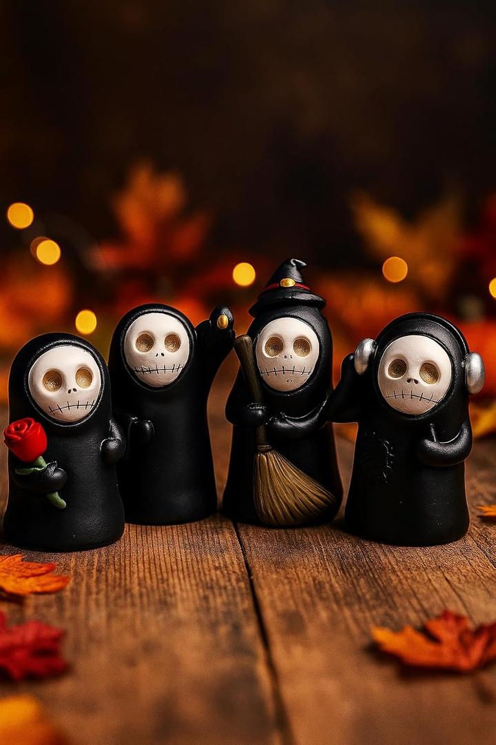 Mini Grim Reaper Figurines Set of 4  Small Gothic Bookshelf & Halloween Decor  Cute Resin Figures for Tabletop Displays, Collectors & Gift Giving