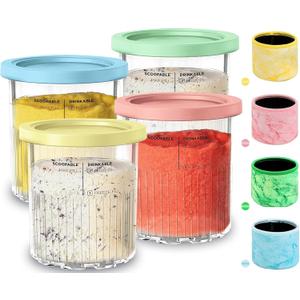 for Ninja Creami Deluxe 24OZ Pints and Lids 4 Pack with Neoprene Sleeve,Family Ice Cream Storage Containers for Ninja Creami Maker 11-in-1 NC501 NC500 Series (Dishwasher Safe Reusable Leak Proof)