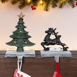 INNO STAGE Christmas Stocking Holders for Mantle Set of 2, Heavy Duty Cast lron Stocking Holder with Non-Slip Base, Xmas Tree Reindeer Stocking Hooks, Stocking Hangers for Fireplace Shelf Table Decor