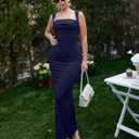 Women's Elegant Sleeveless Square Neck Bodycon Ruched Long Evening Party Dress (Blue)