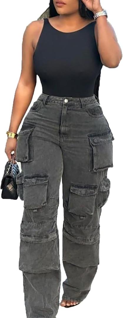 LKOUS Women's Y2K Baggy Straight Wide Leg Cargo Jeans, Streetwear High Waisted Denim Pant (Medium, Grey)