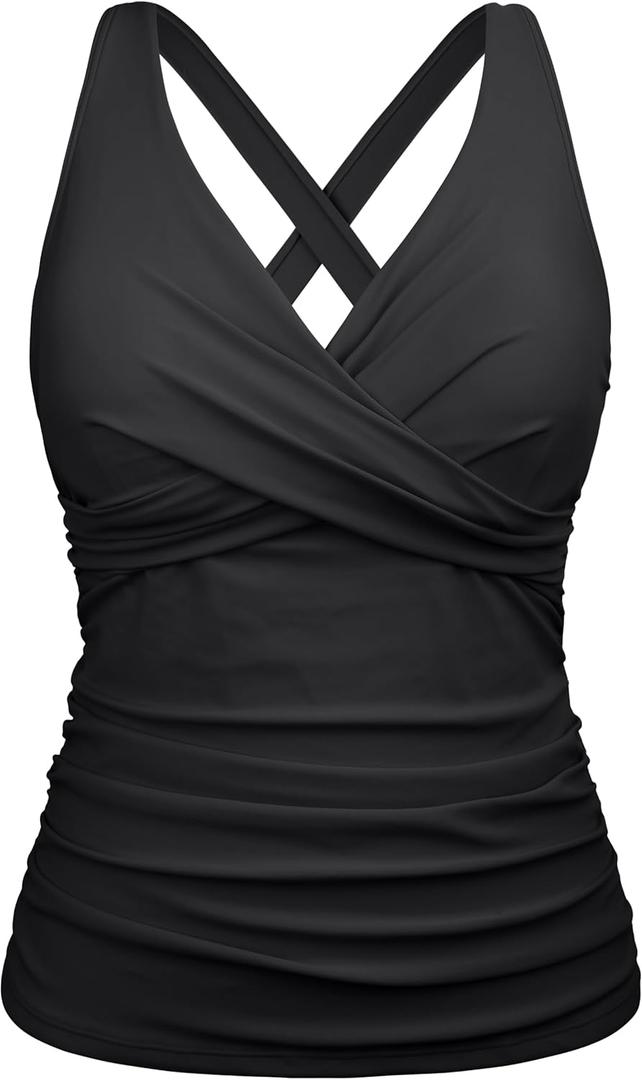 Firpearl Women Underwire Tankini Top Only Twist V Neck Swimsuits for Big Busted Ruched Tummy Control Bathing Suits Top (10, Black)