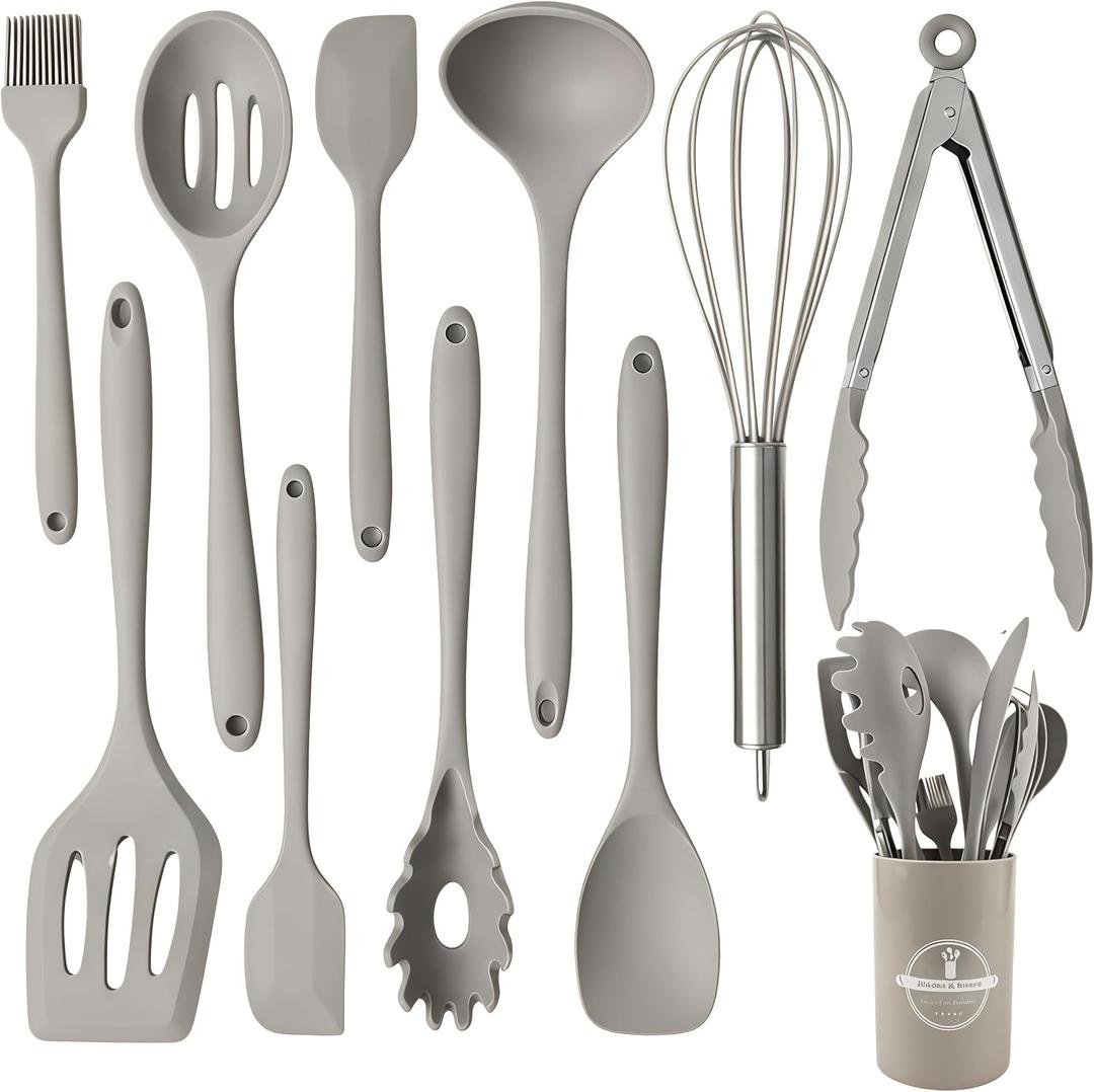 Silicone Kitchen Utensils Set,10 PCS Cooking Kitchen Utensils Set, Nonstick Kitchen Utensils 446F Heat-Resistant Cookware Kitchen Tools of Spoon,Brush,Whisk,Spatula,Turner Tongs(Khaki)