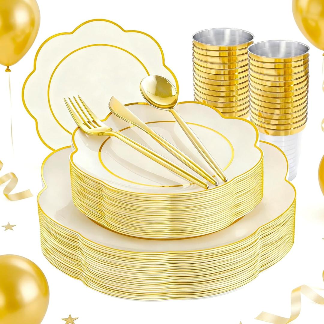 ejonirinjonir EI 180pcs Beige Plastic Plates with Gold Plastic Silverware,Heavy-Duty Disposable Plates for Party,White Dinnerware Set for 30 Guest Wedding,Afternoon Tea,Spring,Valentine's Day,Easter