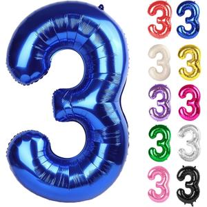 Metallic Blue Number 3 Balloon 40 Inch, 3 Balloon Number, 3rd Birthday Decorations, Navy Blue Party Supplies for Boys Girls