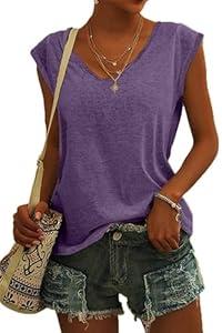 SOUWINEMYI Womens Cap Sleeve T Shirts V Neck Casual Tops Oversized T-Shirt Summer Trendy Lightweight Loose Fit Basic Tees (Purple, S)