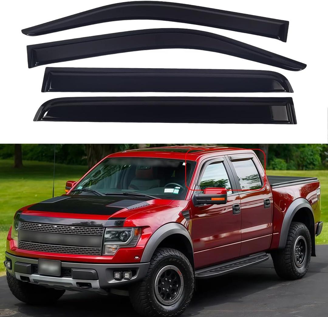 Window Visors for 2009-2014 Ford F150 SuperCrew Cab(Crew Cab) & 2010-2014 Ford F150 SVT Raptor SuperCrew Cab(Crew Cab)Rain Guards Sun Shields Window DeflectorTape-On Style 4 PCS