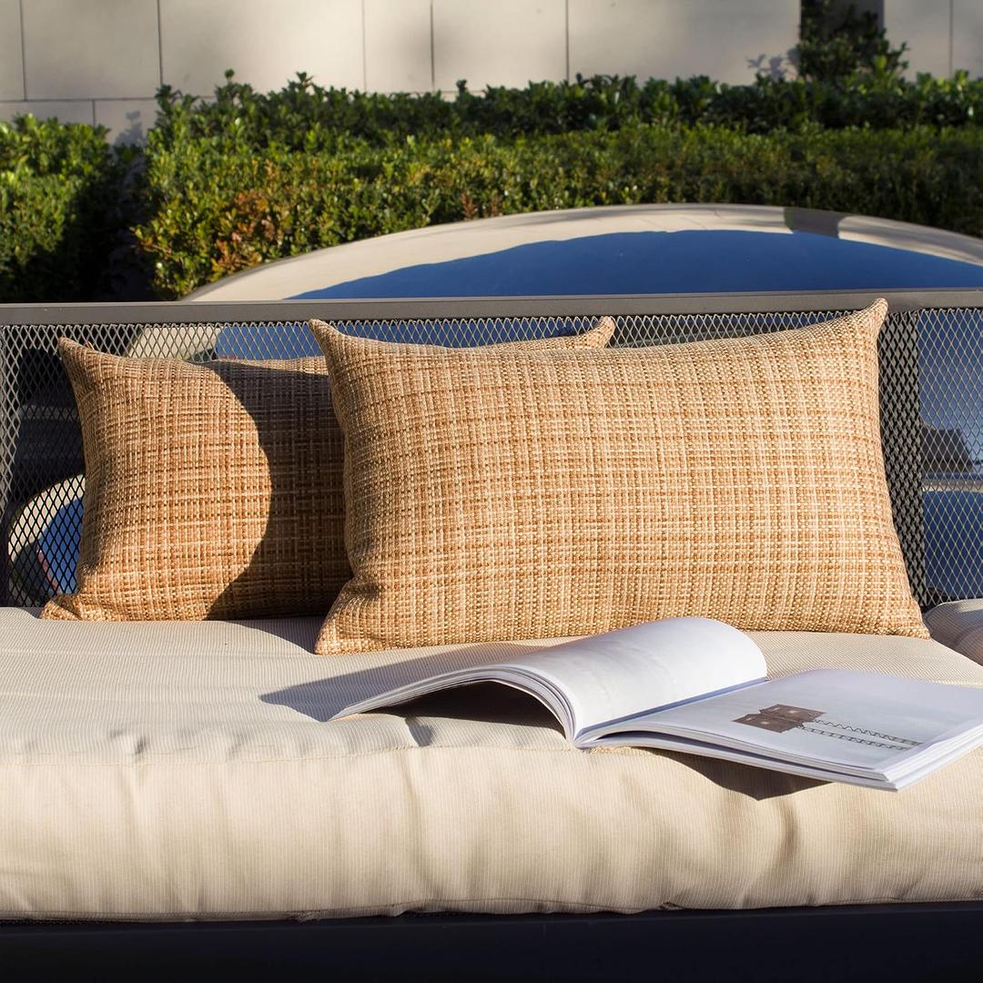 Kevin Textile Outdoor Waterproof Throw Pillow Covers 12x24 Inch Pack of 2 Woven Faux Linen Farmhouse Decorative Water Resistant Lumbar Cushion Covers for Tent Patio Garden Couch Sofa Beige