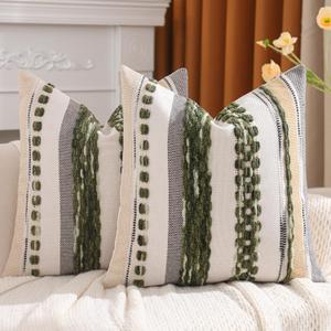 Tosleo Green Throw Pillow Covers 18x18 Set of 2 Boho Tufted Pillow Covers Striped Decorative Pillow Cases Chenille Pillow Cases Farmhouse Cushion Case Nuetral Textured Pillow Cover