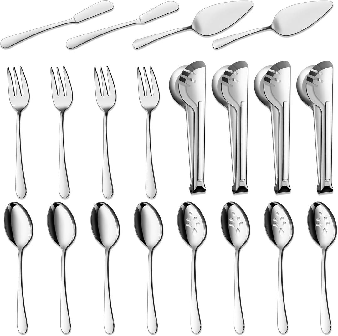 BEWOS Serving Utensils, 20-Piece Large Serving set, Serving Spoons, Slotted Spoons, Serving Tongs & Forks, Cake Server, Butter Knife, Stainless Steel Serving Utensils Set for Parties, Dishwasher Safe