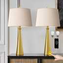 Oneach 25.75" 3-Way Dimmable Touch Control Modern USB Table Lamp Set of 2 for Living Room Bed Room Bedside Nightstand Lamps Fabric Shade Vintage Accent Light Gold Antique Brass