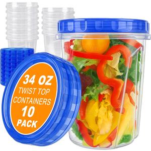 10 Pack 34oz Reusable Freezer Food Storage Containers with Twist Top Lids, Airtight Plastic Meal Prep Food Containers for Leftover Lunch Fruit Salad Oats, Clear Large Soup Container Microwave Safe
