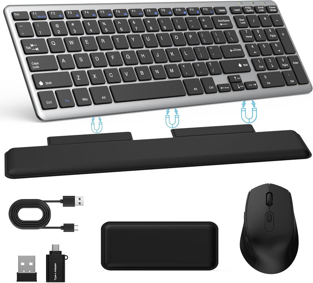 Ultra Slim Quiet Silent Wireless Keyboard and Mouse Combo with Magnetic Wrist Rest, Rechargeable Quiet Full-Size Keyboard and Mouse Combo Set Ultra Slim Design for Computer, Mac, Laptop, PC