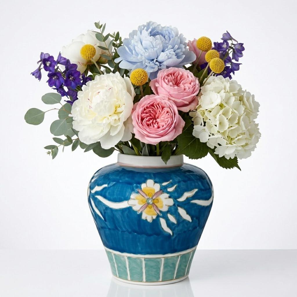 Hand Painted Ceramic Vase for Home Decor, 7.8" Decorative Floral Pottery Vase, Blue Glazed Flower Vase for Pampas Grass, Boho Farmhouse Table Centerpiece, Artistic Ceramic Accent Vase