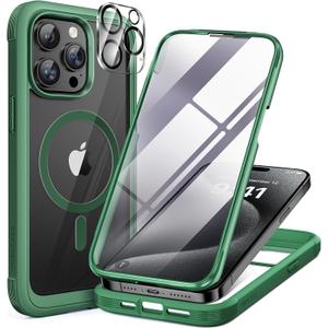 Miracase Magnetic for iPhone 15 Pro Case [Compatible with MagSafe] Full-Body Bumper Phone case with Built-in Glass Screen Protector& Camera Protector, Military Drop Proof 15 Pro Cover, Magnetic Green