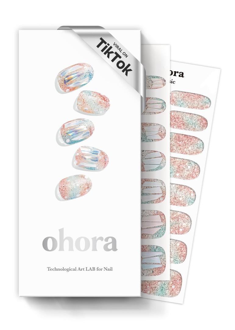 ohora Semi Cured Gel Nail Strips (P Newtro No.1) - Works with UV/ LED Lamps, Salon-Quality, Long Lasting, Easy to Apply & Remove - Includes 2 Prep Pads, Nail File & Wooden Stick