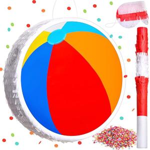 Small Beach Ball Pinata with Stick and Blindfold Confetti Sun Flamingo Coconut Surfboard Birthday Decorations Swimming Ball Pinata Summer Pinata for Birthday Party Supplies Baby Shower (Beach Ball)