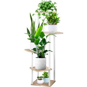5 Tier Wood Tall Plant Stand Metal Rack Indoor, Multiple Flower Pot Holder Shelves Corner Rack, Planter Shelf Display Rack Storage Organizer for Patio Living Room Balcony Garden(White Oak)