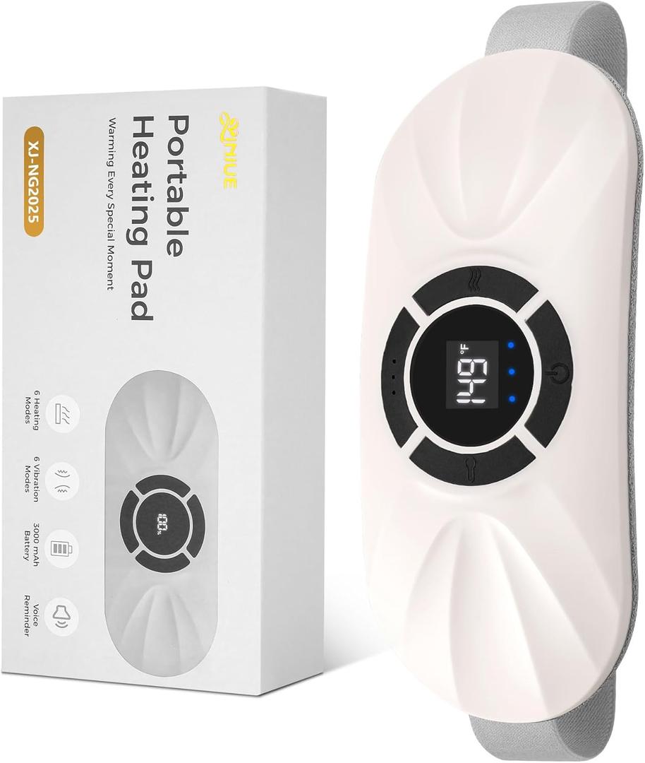 Portable Cordless Heating Pad for Period Cramps, Voice Reminder Menstrual Heating Pad with 6 Heat Levels and 6 Massage Modes, 3s Fast Heating, Gifts for Her Women Girls (White)