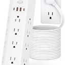 10FT Surge Protector Power Strip, HOPOW Long Extension Cord with 12 Widely AC Outlets 4 USB (2-USB C), Flat Plug, Wall Mount Power Strip, 1700 Joules Charging Station for Home Office, White