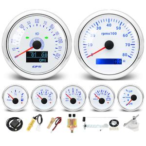 MH 7 Boat Gauge Set - 3-3/8" GPS Speedometer, Tachometer, 2-1/16" Oil Pressure Gauge,Fuel Level,Water Temperature,Voltmeter,Trim Marine Meter Kit Waterproof 7 Color for AUTO (White)