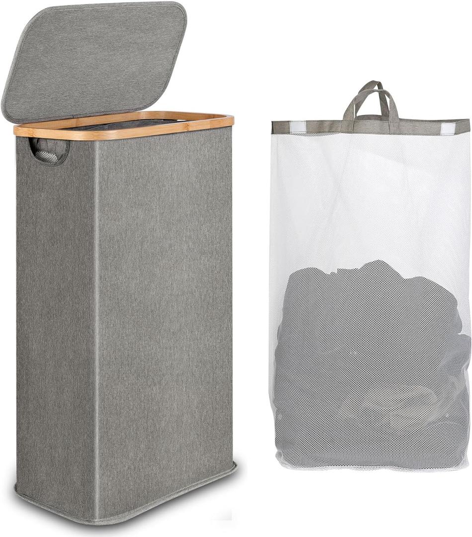 60L Slim Laundry Hamper, Narrow Laundry Basket with Lid, Foldable Clothes Hamper with Bamboo Handles, Hamper Basket with Removable Inner Bag for Laundry Room Bedroom College Dorm, 15.85 Gals Grey