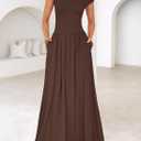 ZESICA Women's Summer 2026 Sleeveless Maxi Dress One Shoulder Casual Slim Swing Pleated Formal Dresses with Pockets (Brown, M)