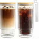 16OZ Ribbed Glass Cups with Lids and Straws,Iced Coffee Cups with Bamboo Lid,Vintage Glassware for Whiskey Cocktail Beer Fruit Juice Glasses Tumbler(2 Pack)
