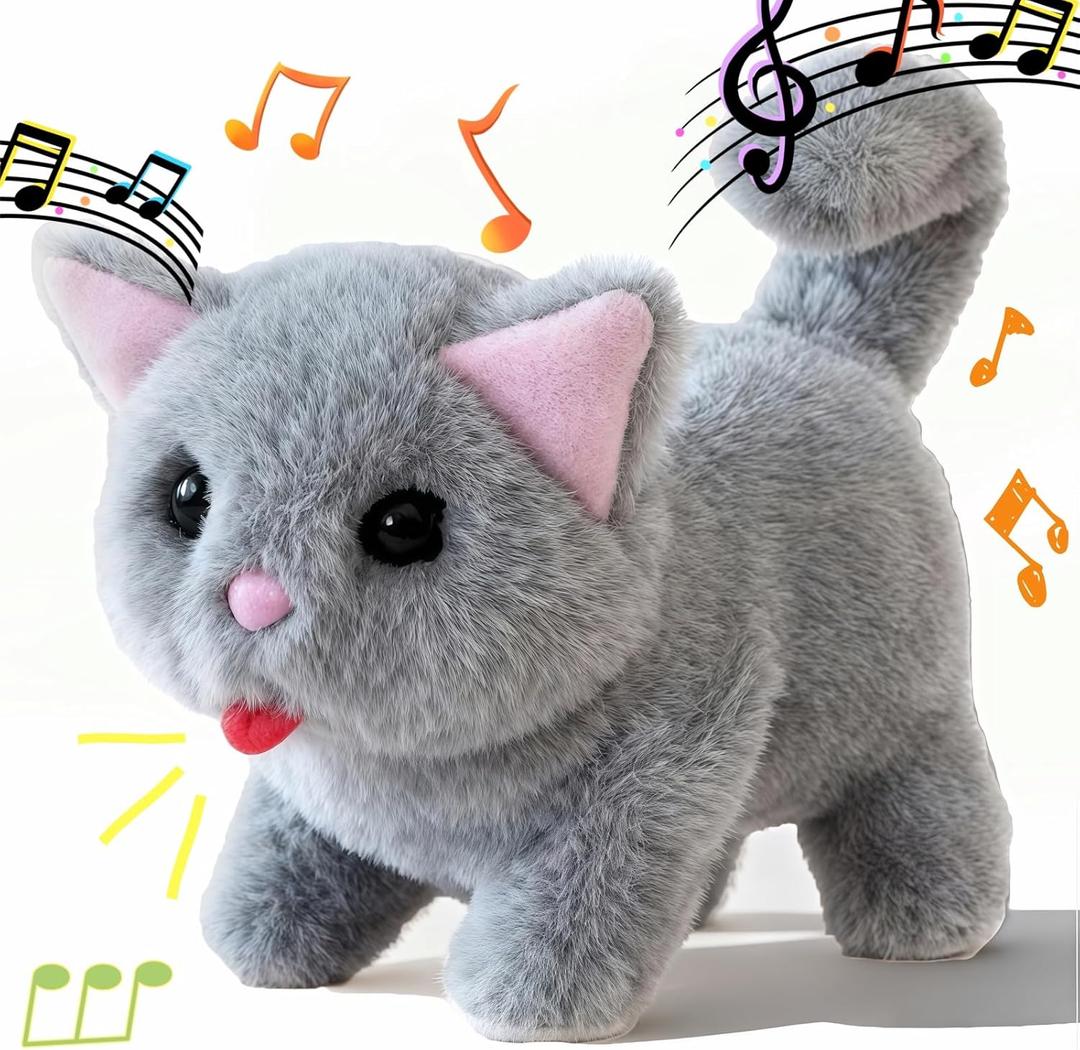 My Realistic Cat Toy - Interactive Robot Kitten with Meows, Walks & Tail Wagging - Premium Soft Plush Stuffed Animal for Cat Lovers - Bring Endless Joy and Warmth (Greys)