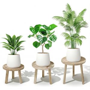 Wood Plant Stands Indoor, 3-Pack Single Plant Stand for 6-12 Inch Pots, Mid-Century Modern Plant Stool, Tall Wooden Plant Stand for Large Plants Perfect Fit for Living Room, Balcony, Office(Light Brown)