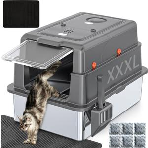 XXXL Extra Large Stainless Steel Litter Box with Lid, 28" L x 20.5" W x 17" H Covered Stainless Steel Litter Box, Multiple Natural Activated Carbon Filter Bags, Non-Sticky, Anti-Leakage, Easy to Clean