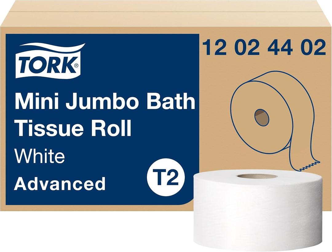 Tork Mini Jumbo Toilet Paper Roll White T2, Advanced, 2-Ply, 12 x 751', 12024402, 12 Count