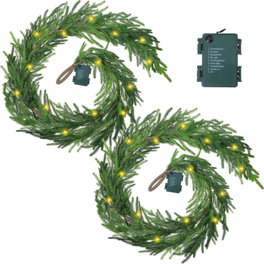 Real Touch Norfolk Pine Garland Faux Christmas Garland Pre Lit Artificial Pine Greenery Garlands with Warm White LED Lights for Xmas Holiday Wedding Party Outdoor Decorations (2 Pcs,9 Feet)