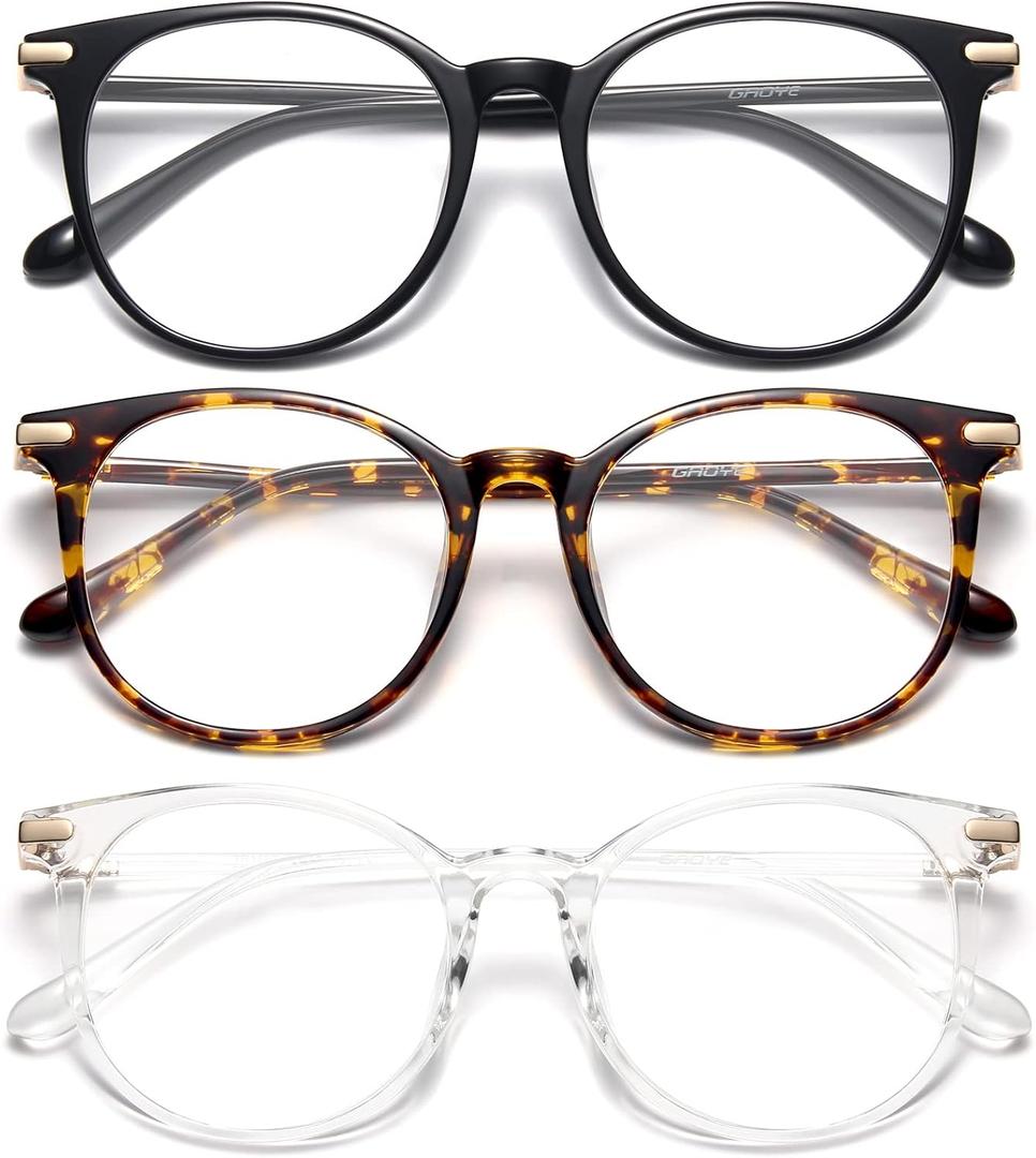 Gaoye 3 Pack Blue Light Blocking Glasses, Retro Round Eyewear Frame Anti Eyestrain Computer Glasses for Women Men - GY1688 (Black+Tea Leopard+Transparent)