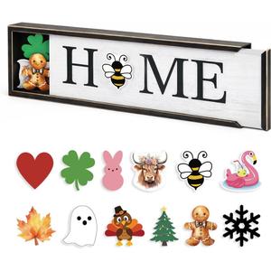 nuvagiki Interchangeable Seasonal Home Sign with 12 Icons, Farmhouse Wooden Table Decor, Rustic Tiered Tray Decorations for Holidays, Spring Summer Fall Christmas Home Decor