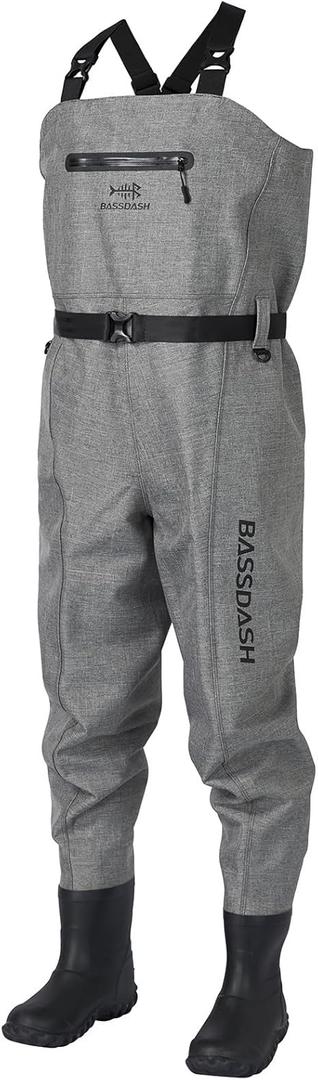 BASSDASH 3D Boot Foot Game Wader Ultra High Strength Black Plaid Nylon PVC Fishing Hunting Chest Waders for Men (XL Long Feet 11-12, Heather Grey)