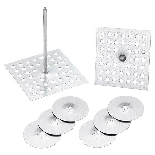 PATIKIL 200pcs Perforated Insulation Pins 2-1/2 inch, 1.5in Self Locking Washers Insulation Stick Pins Aluminum Insulation Hangers Round for Foam Board Wall Floor Ceiling 100 Set/200Pieces