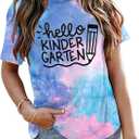 Hello Kindergarten Teacher Shirt Women First Day of Kindergarten Shirt Casual Short Sleeve Tee Top Blouse Blue Pink (M)