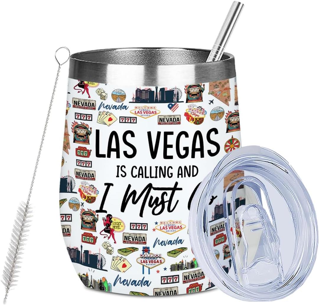 Las Vegas Souvenir Wine Tumbler 12 oz Insulated Wine Glass Cup with Lid Straw Vacuum Insulated Travel Cup,Travel Weekender Gifts for Women Sister Christmas Birthday Halloween Girls Trip Gifts Favors