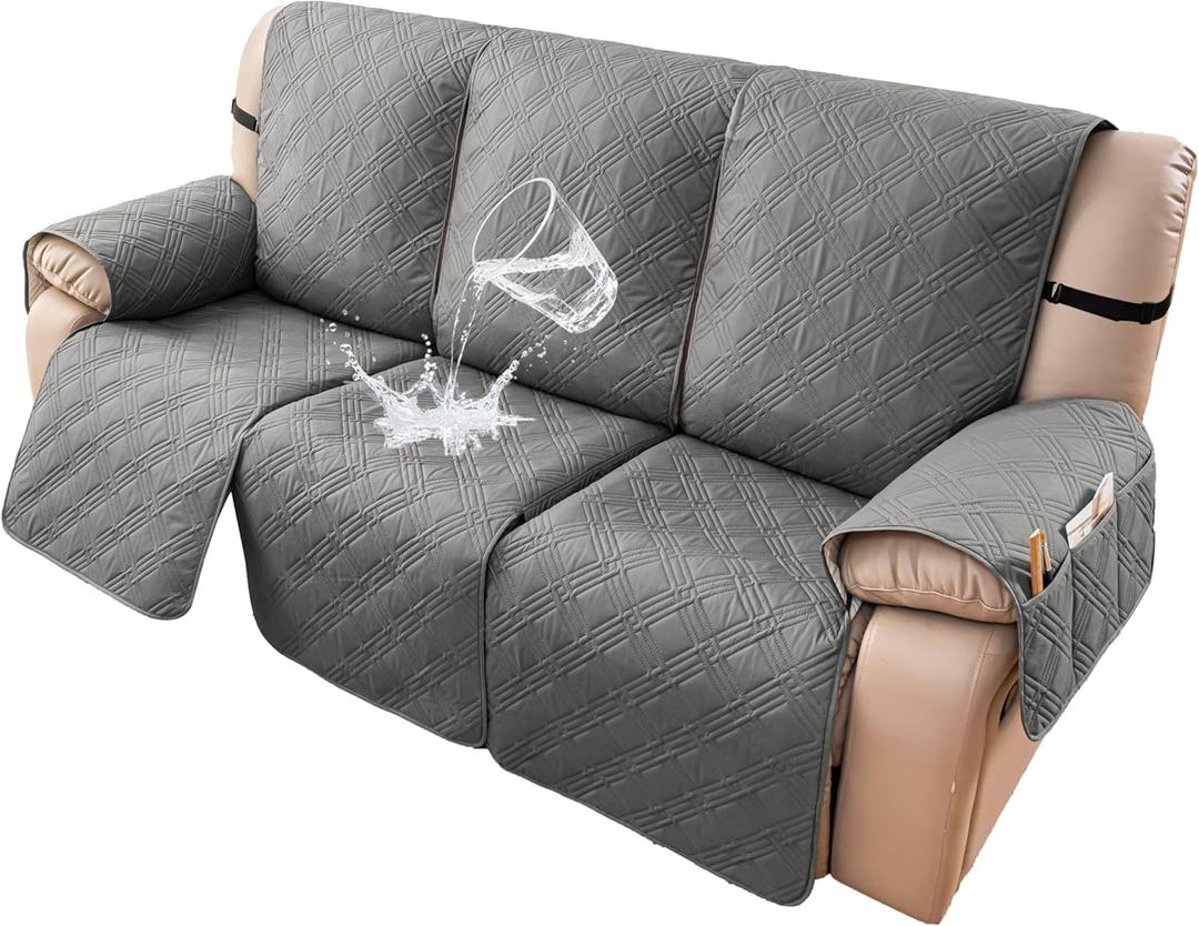 Waterproof Recliner Couch Covers Sofa Cover Recliner 3 Seater 76.8" | Light Gray 100% Waterproof Couch Cover for Recliner Sofa that Stay in Place with Elastic Straps Kids Dogs Pets