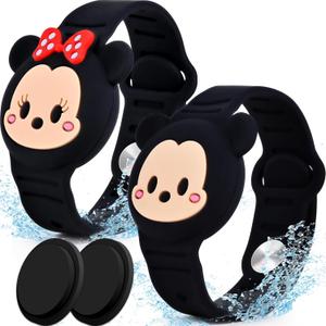 2 Pack AirTag Holder for Kids, Waterproof Airtag Bracelet for Kids with Cute Cartoon Design, Full Coverage Anti-Lost Silicone Airtag Wristband for Children, Healthy Material (Black)