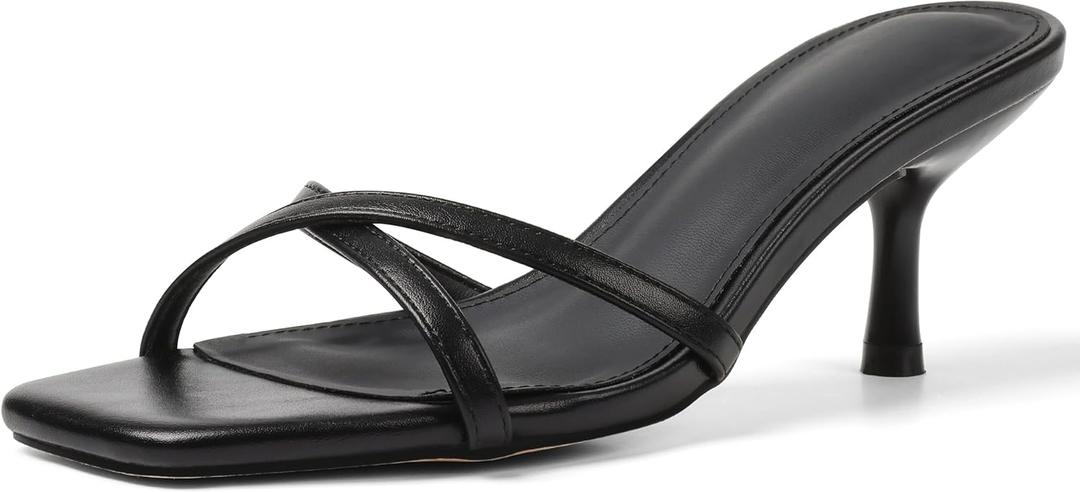 Womens Kitten Heels Open Square Toe Low Heeled Sandals Cross Band Slip on Stiletto Heels Comfort Mules Slides Summer Dress Pumps (6, Black)
