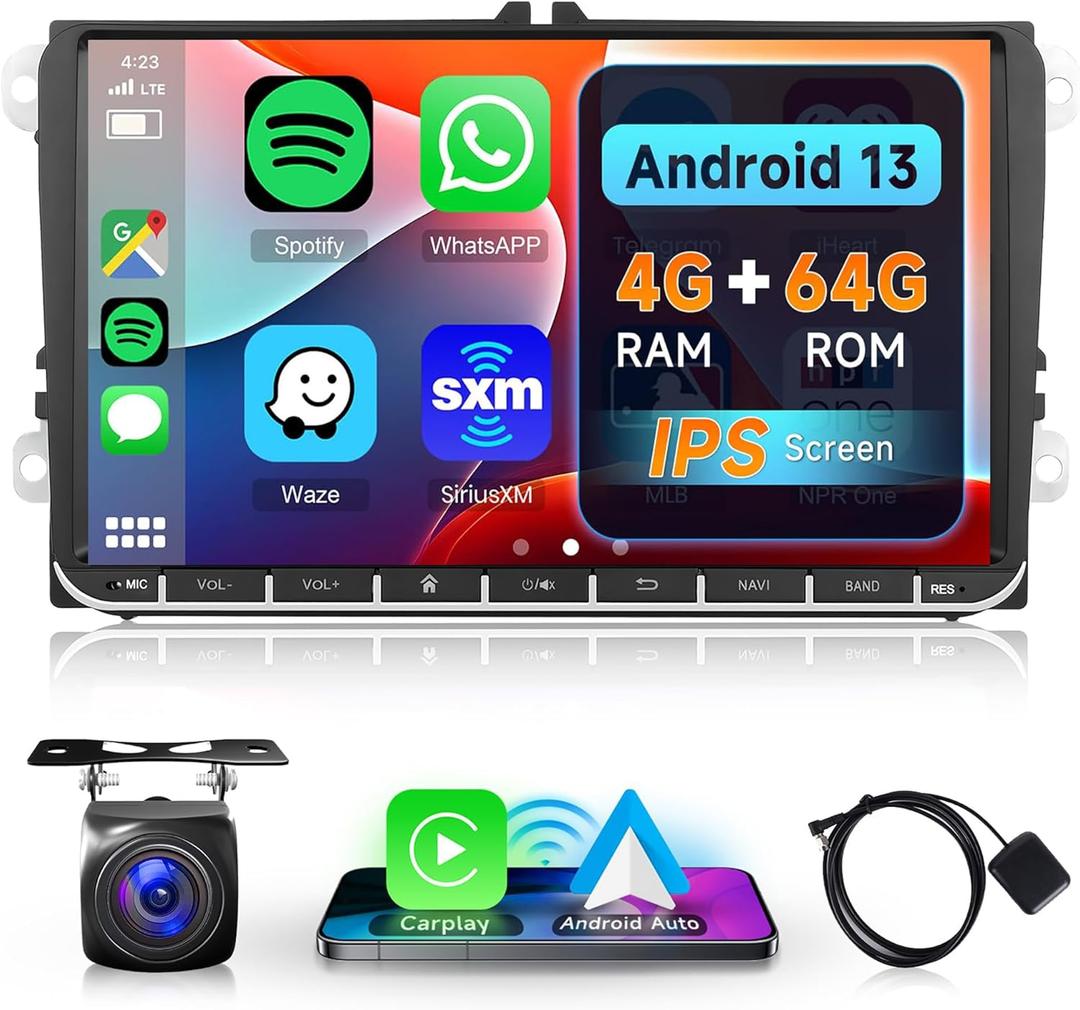 4G+64G Android Car Stereo Radio for VW Passat Jetta Tiguan Golf MK5 MK6 T5 EOS Polo CarPlay, Rimoody 9 Inch Touch Screen Android Auto GPS Navigation Bluetooth FM/RDS EQ-32 SWC Backup Camera